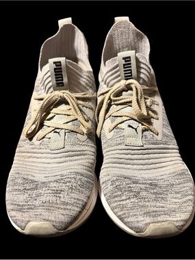 Gently Used Puma Cream and Light Gray Knit Slip-On Trainers